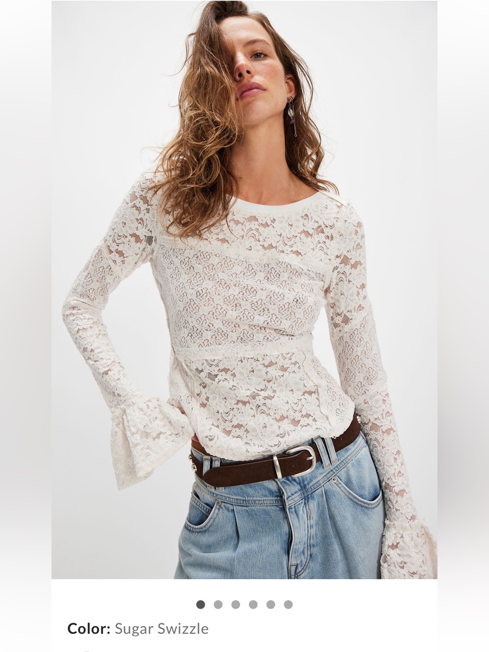 Free People Sheer Lace Flared Long Sleeve Top in Sugar Swizzle